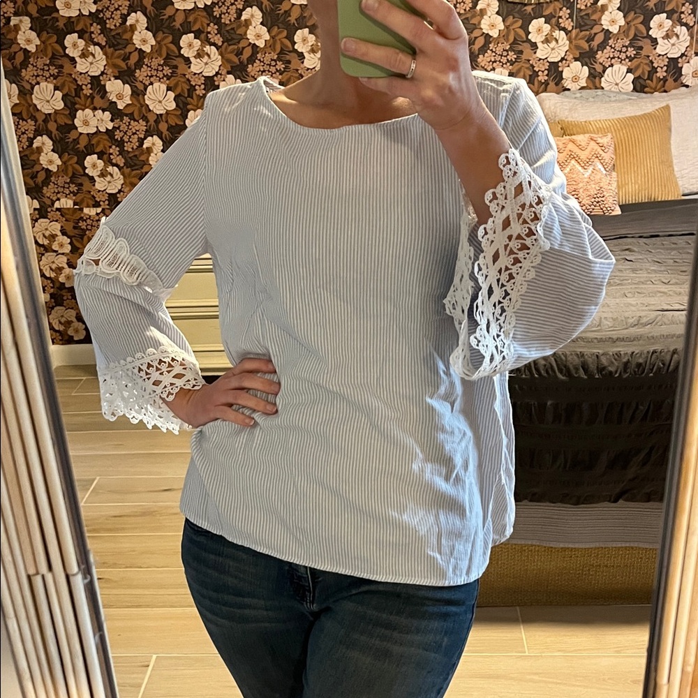 Women's Boho Blue Striped Top with Lace Sleeves